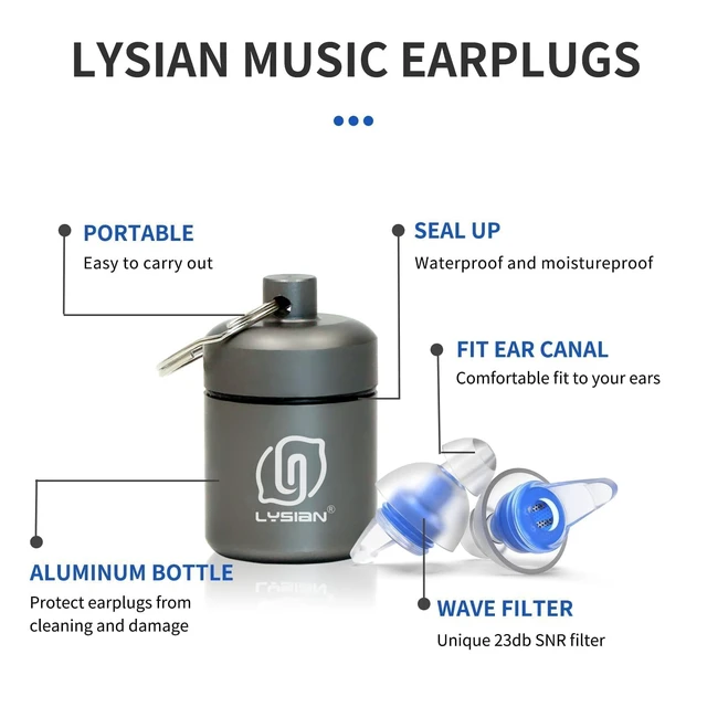 Alt view image 6 of 7 - High Fidelity Concert Ear Plugs, 23dB, 2 Pairs with Case, Blue | Lowers the volume without muffling vocals; reusable for concerts, festivals, raves, gigs and drumming