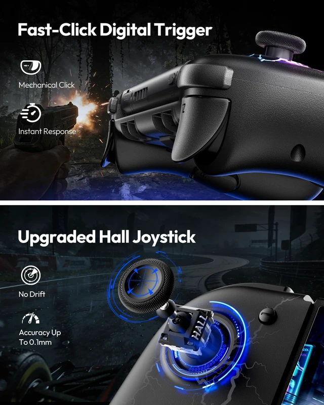Alt view image 2 of 7 - Switch Controllers for Switch/OLED, with Hall Effect Joystick Black | Macro Programming, RGB Lighting, Wireless, Turbo, 6-Axis Gyro, Vibration, Kickstand, Ergonomic Grip Joypad, 4 Game Slot