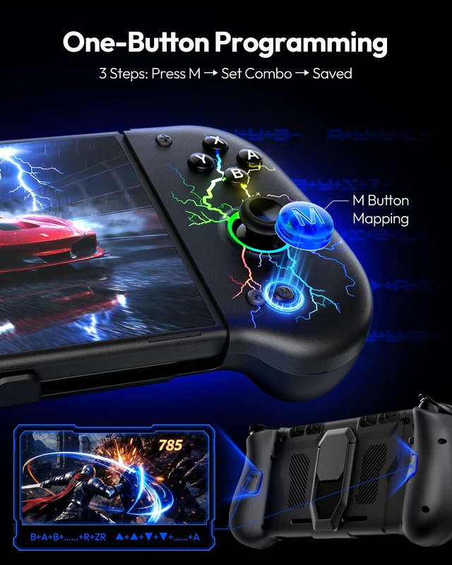Alt view image 3 of 7 - Switch Controllers for Switch/OLED, with Hall Effect Joystick Black | Macro Programming, RGB Lighting, Wireless, Turbo, 6-Axis Gyro, Vibration, Kickstand, Ergonomic Grip Joypad, 4 Game Slot