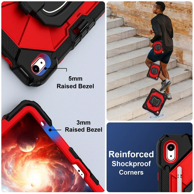 Alt view image 4 of 7 - Case for iPad 10th Generation 10.9", iPad A16 11th Generation 11"Red | 2022/2025 Rugged i Pad Case 10th Gen with 360°Rotating Stand Screen Protector Pen Holder Shoulder Strap