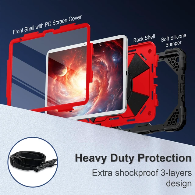 Alt view image 3 of 7 - Case for iPad 10th Generation 10.9", iPad A16 11th Generation 11"Red | 2022/2025 Rugged i Pad Case 10th Gen with 360°Rotating Stand Screen Protector Pen Holder Shoulder Strap