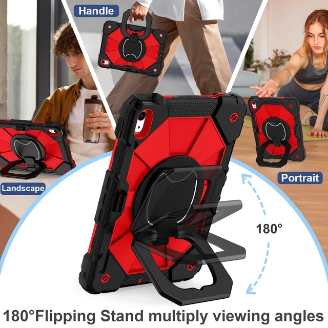 Alt view image 6 of 7 - Case for iPad 10th Generation 10.9", iPad A16 11th Generation 11"Red | 2022/2025 Rugged i Pad Case 10th Gen with 360°Rotating Stand Screen Protector Pen Holder Shoulder Strap