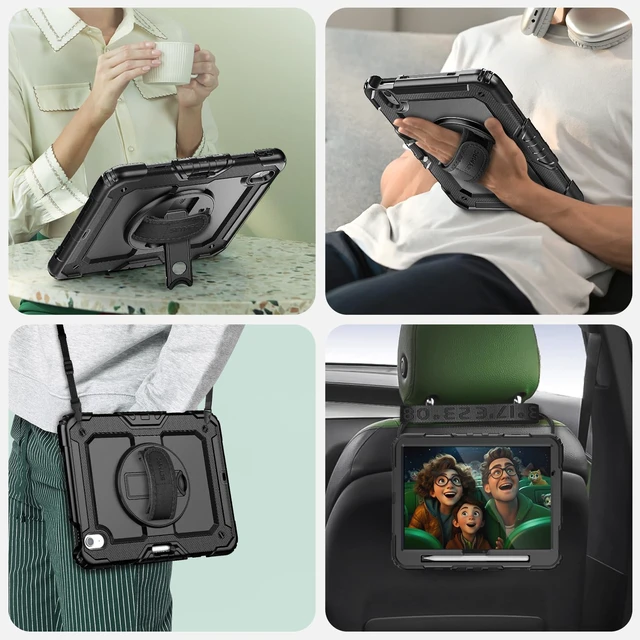 Alt view image 6 of 7 - Case for iPad Air 11 Inch M4/M3/M2 (2026/2025/2024), Black | Heavy Duty Shockproof Protective, Built-in Screen Protector, 360° Rotating Stand, Hand/Shoulder Strap, Pencil Holder