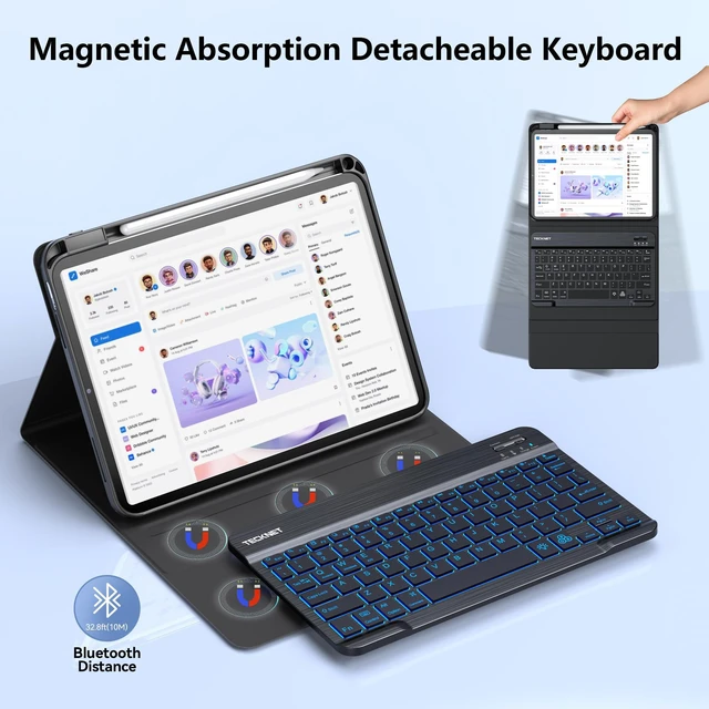Alt view image 4 of 7 - for iPad A16 11th/10th Generation Case with Keyboard, 7 Color Backlight, Detachable Wireless Bluetooth Keyboard Case with Pencil Holder for iPad 2025/2022, Thin & Light, Black