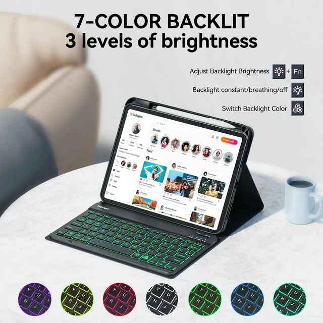 Alt view image 7 of 7 - for iPad A16 11th/10th Generation Case with Keyboard, 7 Color Backlight, Detachable Wireless Bluetooth Keyboard Case with Pencil Holder for iPad 2025/2022, Thin & Light, Black