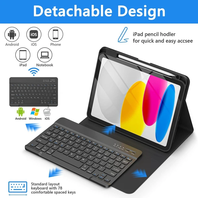 Alt view image 3 of 7 - for iPad A16 10th Case with Keyboard, Detachable Bluetooth Keyboard | For iPad (A16) 11th/10th Generation Case with Keyboard, Pencil Holder, Thin & Light, for Home, Office, School, Travel, Black
