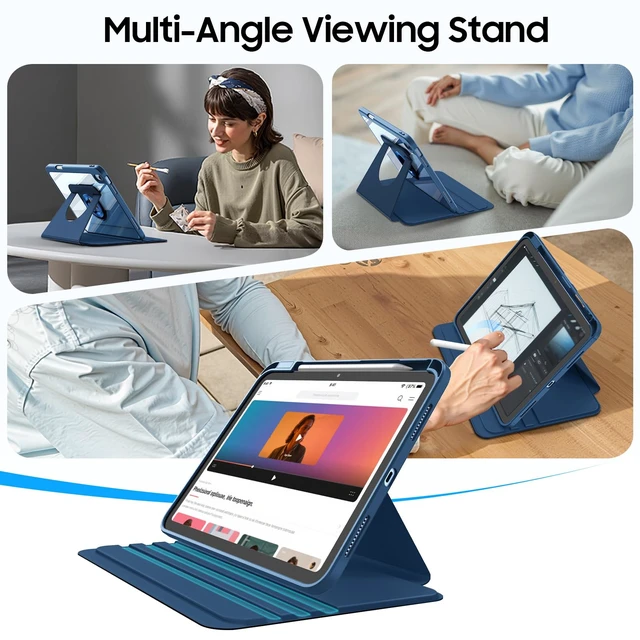 Alt view image 4 of 7 - Rotating Case for iPad (A16) 11th Gen 11-inch, iPad 10th Gen 10.9 in | 360° Swivel Stand, Portrait & Landscape Viewing, Clear Hard PC Back Cover, Pencil Holder, Auto Wake/Sleep, Navy Blue