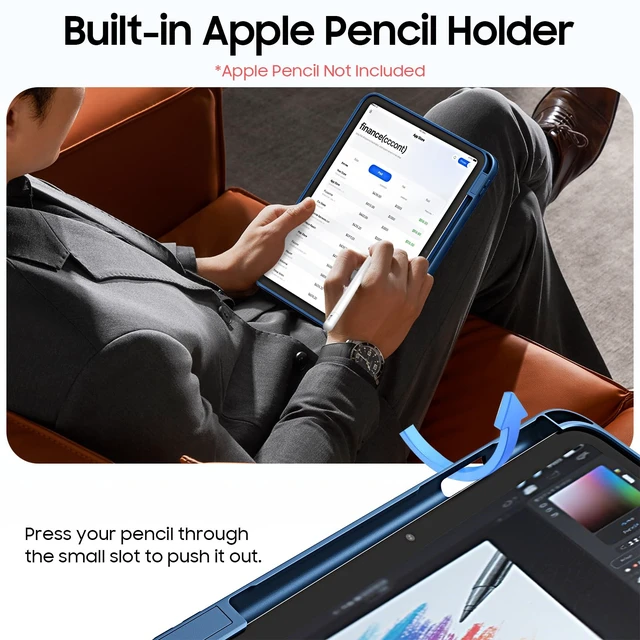 Alt view image 6 of 7 - Rotating Case for iPad (A16) 11th Gen 11-inch, iPad 10th Gen 10.9 in | 360° Swivel Stand, Portrait & Landscape Viewing, Clear Hard PC Back Cover, Pencil Holder, Auto Wake/Sleep, Navy Blue