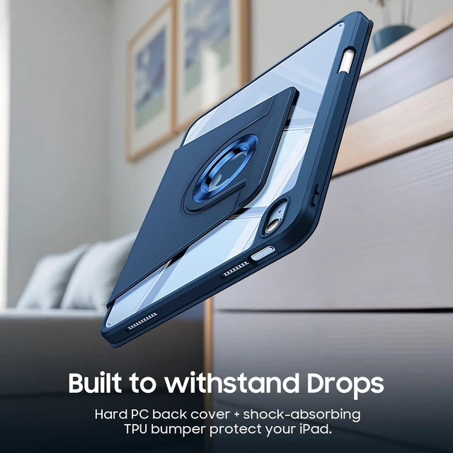 Alt view image 7 of 7 - Rotating Case for iPad (A16) 11th Gen 11-inch, iPad 10th Gen 10.9 in | 360° Swivel Stand, Portrait & Landscape Viewing, Clear Hard PC Back Cover, Pencil Holder, Auto Wake/Sleep, Navy Blue