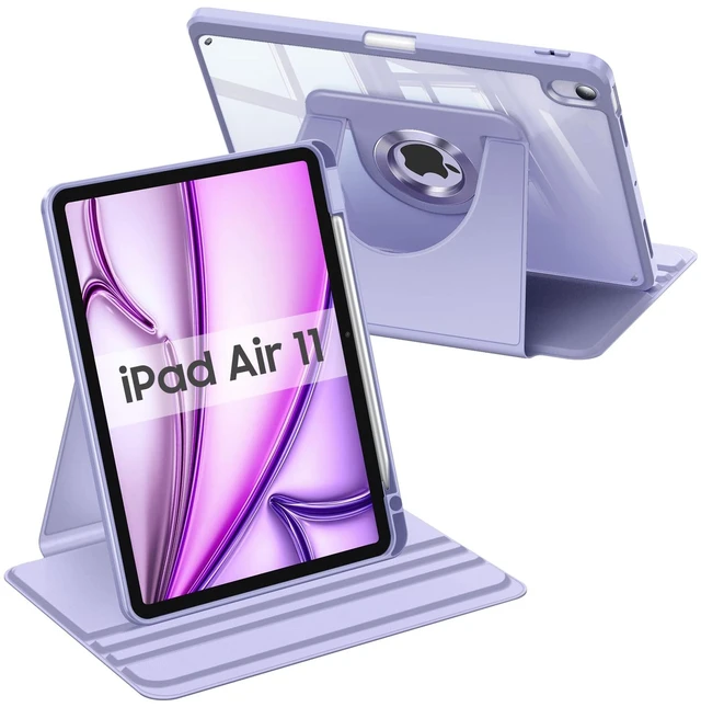 Main image of Rotating Case for iPad Air 11-inch & iPad Air 5th/4th Gen 10.9 inch | 360° Swivel Stand, Portrait & Landscape Viewing, Clear Hard PC Back Cover, Pencil Holder, Purple
