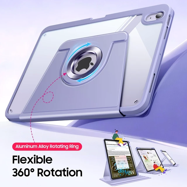 Alt view image 3 of 7 - Rotating Case for iPad Air 11-inch & iPad Air 5th/4th Gen 10.9 inch | 360° Swivel Stand, Portrait & Landscape Viewing, Clear Hard PC Back Cover, Pencil Holder, Purple