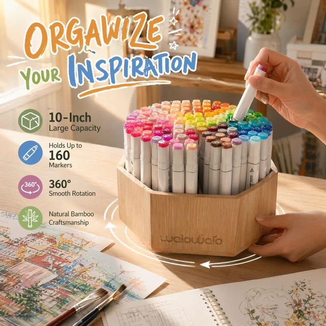 Alt view image 6 of 7 - Bamboo Rotating Art Supply Organizer Caddy Holds 800+ Pencils Spinning Crayon 160 Marker Holder Desk Brush Colored Pencil Storage for Office Classroom Organization Stationary (Larger VER)