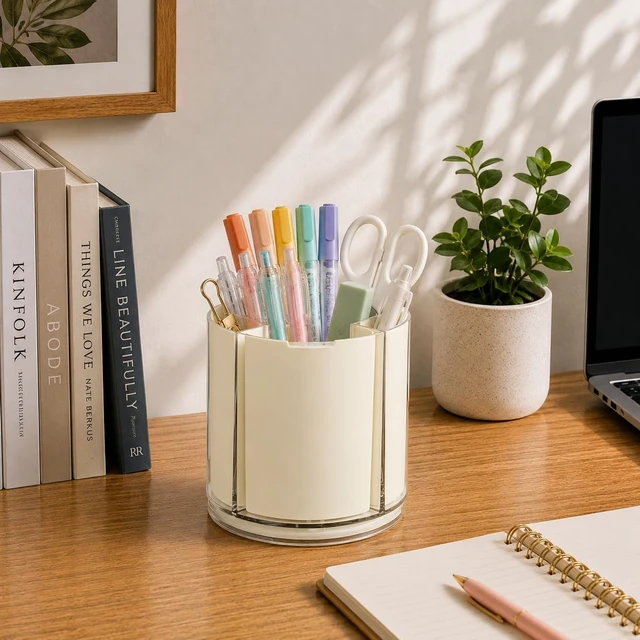 Alt view image 2 of 7 - 360° Rotating Pen Holder for Desk Adjustable Pencil Organizer, Beige | Plastic Pen Cup for Women Cute Office Supplies and Accessories Desktop Storage Box Art Caddy for School, Work, Home