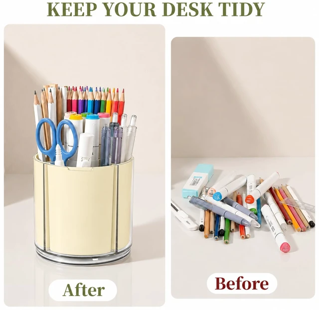 Alt view image 4 of 7 - 360° Rotating Pen Holder for Desk Adjustable Pencil Organizer, Beige | Plastic Pen Cup for Women Cute Office Supplies and Accessories Desktop Storage Box Art Caddy for School, Work, Home