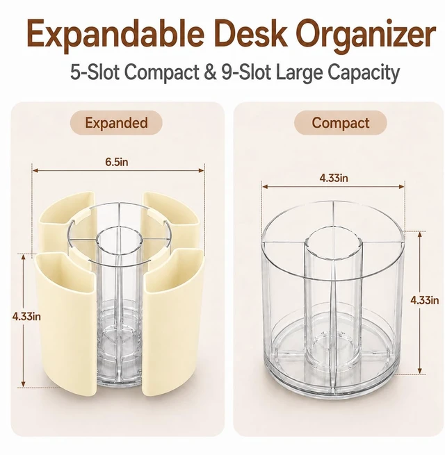 Alt view image 3 of 7 - 360° Rotating Pen Holder for Desk Adjustable Pencil Organizer, Beige | Plastic Pen Cup for Women Cute Office Supplies and Accessories Desktop Storage Box Art Caddy for School, Work, Home