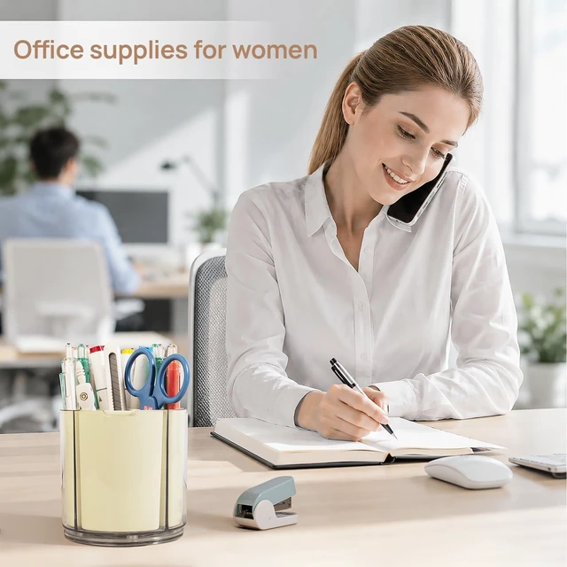 Alt view image 6 of 7 - 360° Rotating Pen Holder for Desk Adjustable Pencil Organizer, Beige | Plastic Pen Cup for Women Cute Office Supplies and Accessories Desktop Storage Box Art Caddy for School, Work, Home