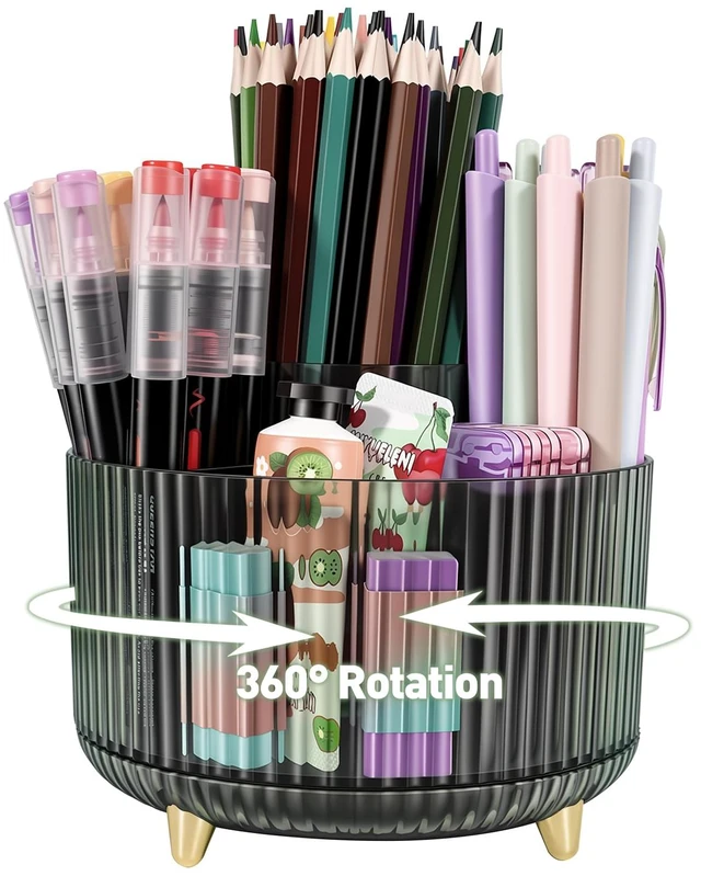 Main image of 360 Rotating Pen Pencil Holder for Desk, Pen Organizer with 5 Slots | Makeup Brush Holder, Desk Organizer and Accessories, Cute Pencil Cup Caddy for Office School Home Decor Art Supply (Green)