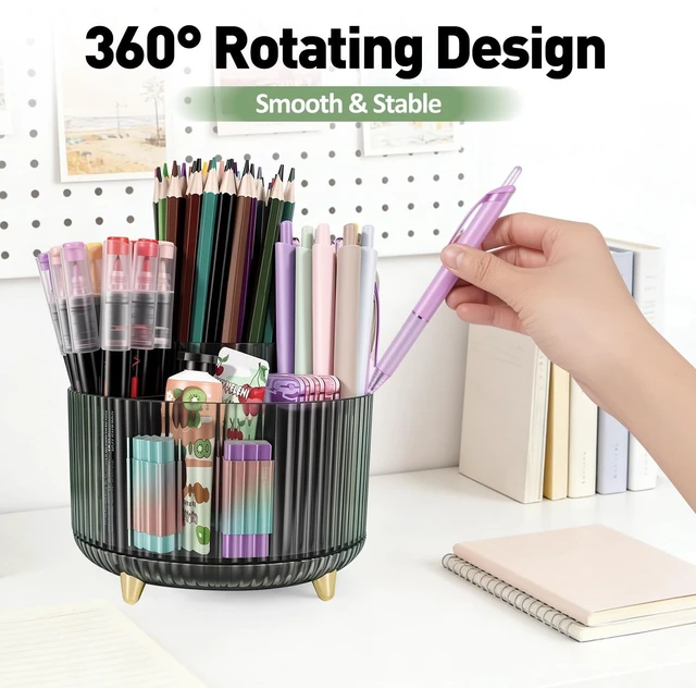 Alt view image 3 of 7 - 360 Rotating Pen Pencil Holder for Desk, Pen Organizer with 5 Slots | Makeup Brush Holder, Desk Organizer and Accessories, Cute Pencil Cup Caddy for Office School Home Decor Art Supply (Green)