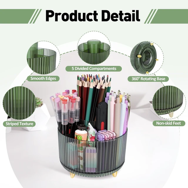 Alt view image 5 of 7 - 360 Rotating Pen Pencil Holder for Desk, Pen Organizer with 5 Slots | Makeup Brush Holder, Desk Organizer and Accessories, Cute Pencil Cup Caddy for Office School Home Decor Art Supply (Green)
