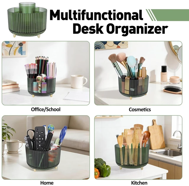 Alt view image 7 of 7 - 360 Rotating Pen Pencil Holder for Desk, Pen Organizer with 5 Slots | Makeup Brush Holder, Desk Organizer and Accessories, Cute Pencil Cup Caddy for Office School Home Decor Art Supply (Green)