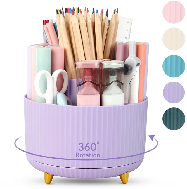 Main image of 360 Rotating Purple Pen & Art Supply Organizer - 5 Slot Desk Organizer for Office, School, Home
