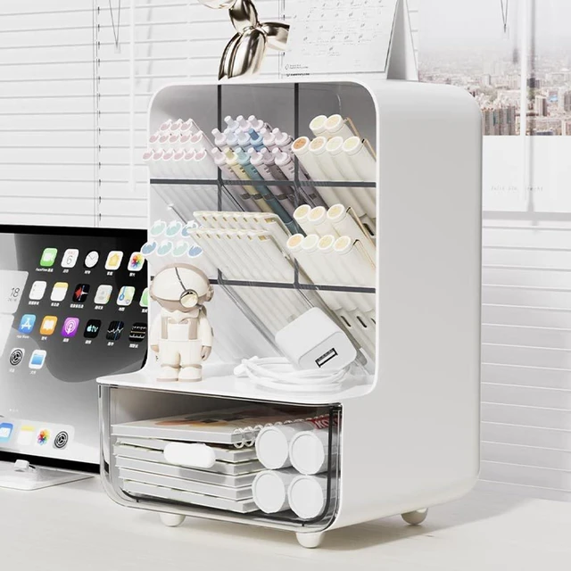 Main image of Pen Organizer for Desk, Desk Organizer with Drawer, Multi-Functional Pencil Holder with 6 Compartments and 1 Drawer Organization Storage Accessories for Office Home School Workspace (White)