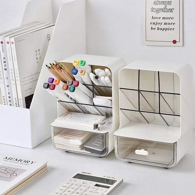 Alt view image 3 of 6 - Pen Organizer for Desk, Desk Organizer with Drawer, Multi-Functional Pencil Holder with 6 Compartments and 1 Drawer Organization Storage Accessories for Office Home School Workspace (White)