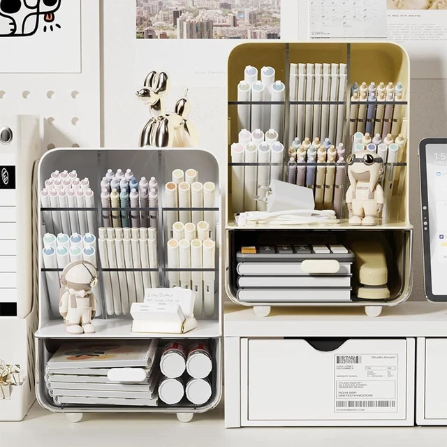Alt view image 2 of 6 - Pen Organizer for Desk, Desk Organizer with Drawer, Multi-Functional Pencil Holder with 6 Compartments and 1 Drawer Organization Storage Accessories for Office Home School Workspace (White)