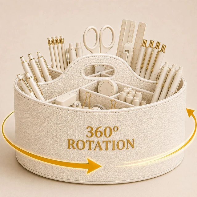 Main image of Aesthetic PU Leather Rotating Desk Storage Organizer, Beige