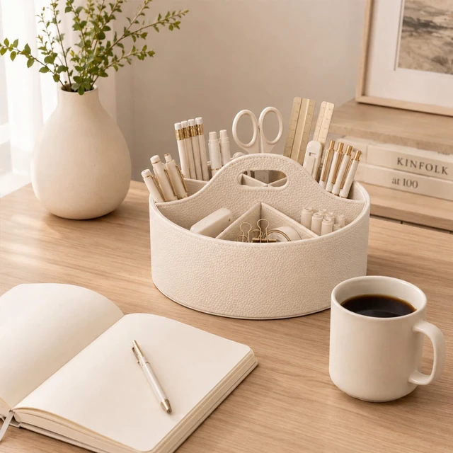 Alt view image 4 of 7 - Aesthetic PU Leather Rotating Desk Storage Organizer, Beige