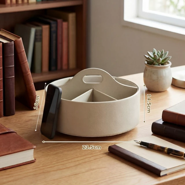 Alt view image 7 of 7 - Aesthetic PU Leather Rotating Desk Storage Organizer, Beige