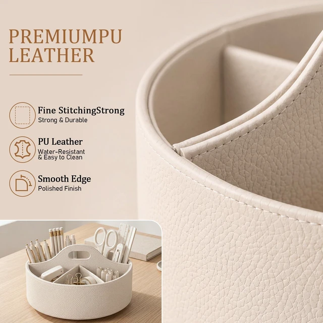 Alt view image 5 of 7 - Aesthetic PU Leather Rotating Desk Storage Organizer, Beige