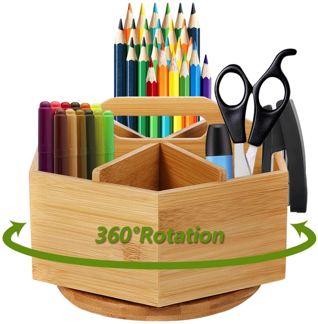Main image of Bamboo Art Supply Organizer, Rotating Pencil Pen Holder, Office Supplies Desktop Storage Caddy, Like Colored Pencils, Pen, Markers, Paint Brushes