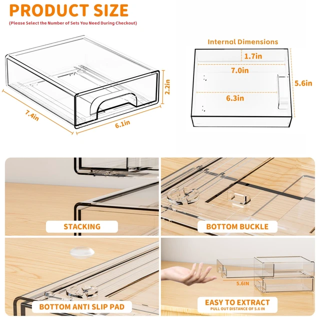 Alt view image 3 of 7 - 2.2'' Tall Acrylic Clear Stackable Storage Drawer Organizer,8 Pack Desk Organization and Storage,Plastic Office Supply Organizer,Drawer Storage Organizer for Makeup,Accessory,Pen,Art Crafts