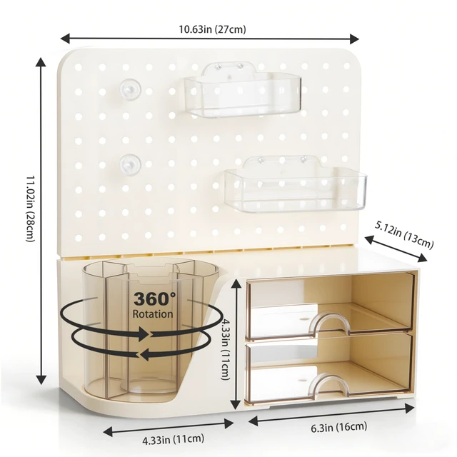 Alt view image 2 of 7 - Desk Organizer with 2 Drawer, Beige 360° Rotating Pen Holder for Desk | Desk Organizers and Accessories with 5 Slots Pencil Holder+Pegboard+Drawer, Pen Organizer for Home School Art Office Supplies