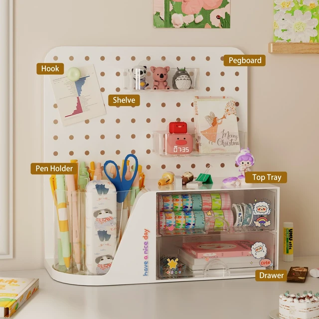 Alt view image 3 of 7 - Desk Organizer with 2 Drawer, Beige 360° Rotating Pen Holder for Desk | Desk Organizers and Accessories with 5 Slots Pencil Holder+Pegboard+Drawer, Pen Organizer for Home School Art Office Supplies