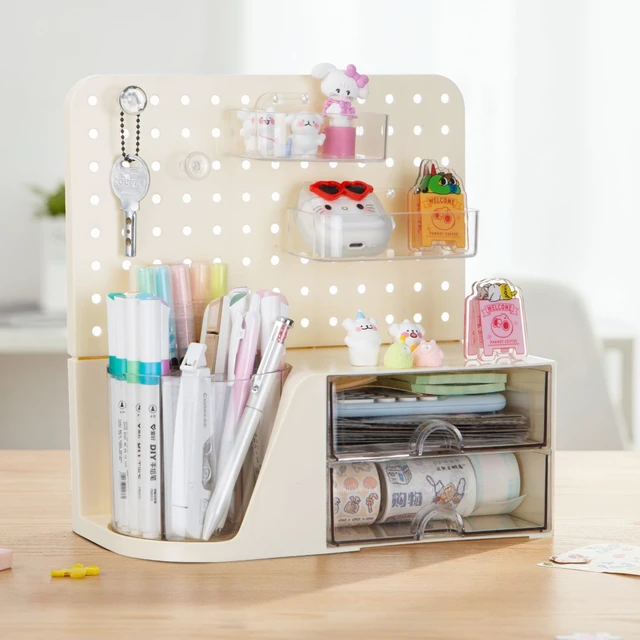 Alt view image 5 of 7 - Desk Organizer with 2 Drawer, Beige 360° Rotating Pen Holder for Desk | Desk Organizers and Accessories with 5 Slots Pencil Holder+Pegboard+Drawer, Pen Organizer for Home School Art Office Supplies