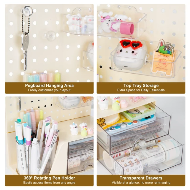 Alt view image 4 of 7 - Desk Organizer with 2 Drawer, Beige 360° Rotating Pen Holder for Desk | Desk Organizers and Accessories with 5 Slots Pencil Holder+Pegboard+Drawer, Pen Organizer for Home School Art Office Supplies