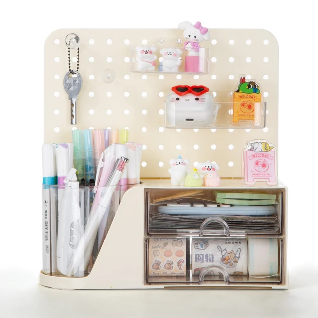 Alt view image 7 of 7 - Desk Organizer with 2 Drawer, Beige 360° Rotating Pen Holder for Desk | Desk Organizers and Accessories with 5 Slots Pencil Holder+Pegboard+Drawer, Pen Organizer for Home School Art Office Supplies