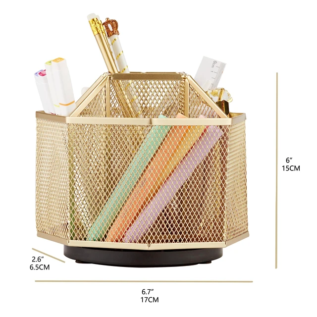Alt view image 2 of 7 - Mesh Desk Organizer Rotate with 5 Compartments Spinning Tidy Candy/Pen Holder Office, Art Supply, Storage, Classroom, Home (Gold)