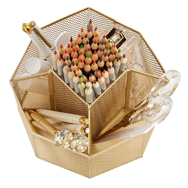 Alt view image 3 of 7 - Mesh Desk Organizer Rotate with 5 Compartments Spinning Tidy Candy/Pen Holder Office, Art Supply, Storage, Classroom, Home (Gold)