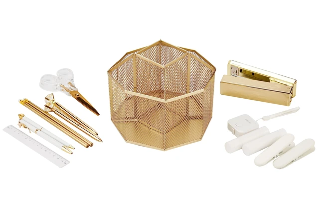 Alt view image 5 of 7 - Mesh Desk Organizer Rotate with 5 Compartments Spinning Tidy Candy/Pen Holder Office, Art Supply, Storage, Classroom, Home (Gold)