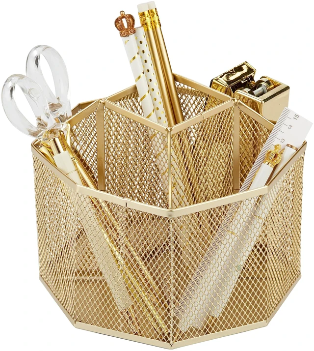Main image of Mesh Desk Organizer Rotate with 5 Compartments Spinning Tidy Candy/Pen Holder Office, Art Supply, Storage, Classroom, Home (Gold)