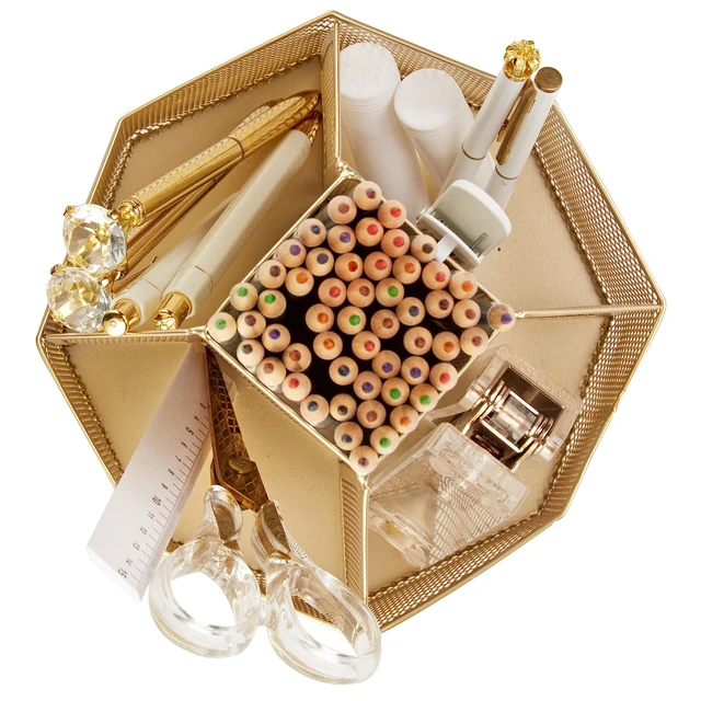 Alt view image 4 of 7 - Mesh Desk Organizer Rotate with 5 Compartments Spinning Tidy Candy/Pen Holder Office, Art Supply, Storage, Classroom, Home (Gold)