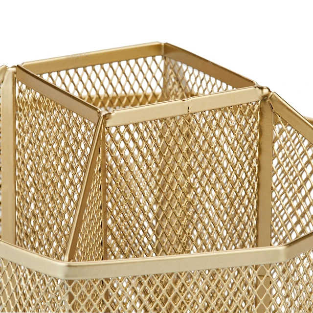 Alt view image 7 of 7 - Mesh Desk Organizer Rotate with 5 Compartments Spinning Tidy Candy/Pen Holder Office, Art Supply, Storage, Classroom, Home (Gold)