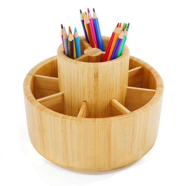 Main image of Bamboo Rotating Art Supply Desk Organizer, Pencil Holder Desktop | Desktop Storage Caddy for Pen, Colored Pencil, Crayon, Paint Brushes, Art Studio & Office