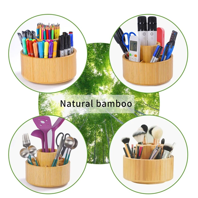 Alt view image 4 of 7 - Bamboo Rotating Art Supply Desk Organizer, Pencil Holder Desktop | Desktop Storage Caddy for Pen, Colored Pencil, Crayon, Paint Brushes, Art Studio & Office