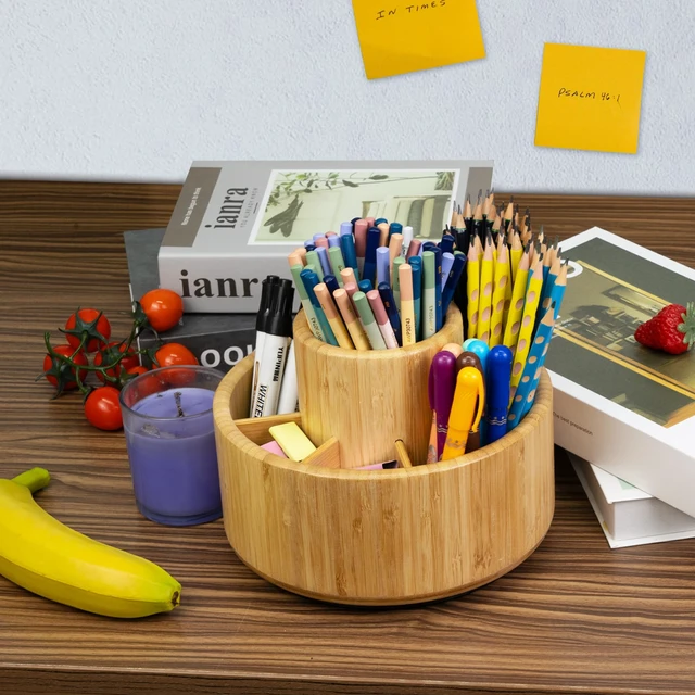 Alt view image 6 of 7 - Bamboo Rotating Art Supply Desk Organizer, Pencil Holder Desktop | Desktop Storage Caddy for Pen, Colored Pencil, Crayon, Paint Brushes, Art Studio & Office