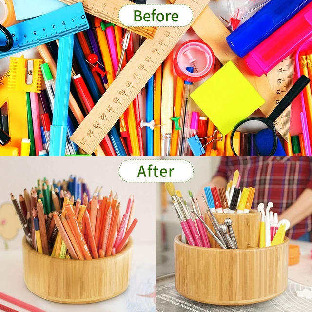 Alt view image 7 of 7 - Bamboo Rotating Art Supply Desk Organizer, Pencil Holder Desktop | Desktop Storage Caddy for Pen, Colored Pencil, Crayon, Paint Brushes, Art Studio & Office