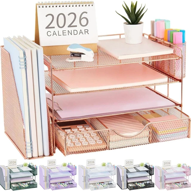 Main image of Desk Organizers and Accessories with File Holder, 4-Tier Desk Accessories & Workspace Organizers with Drawer and 2 Pen Holder, Paper Organizer for Office Supplies (Rose Gold)